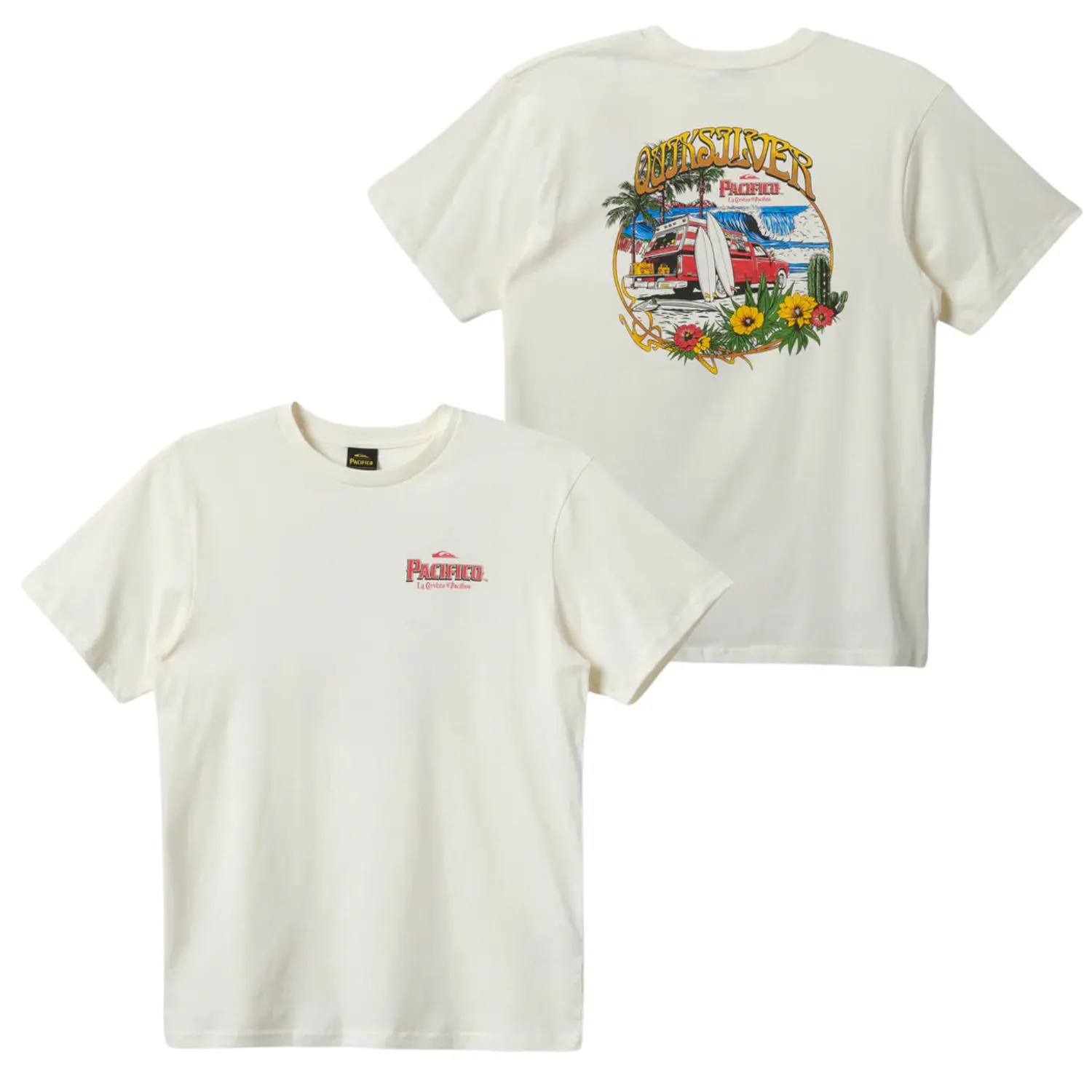Quiksilver Pacifico Short-Sleeve Round Neck Casual Cotton Blend Sports Top - Unisex Fit, Vintage Surf Van & Tropical Beach Scene on Back, Ideal for Summer Sports & Outdoor Use, Shortsleeve, Tops