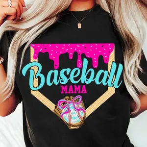 Sporty Baseball Drip Tee, Preppy Ice Cream Print, Retro Mom Look
