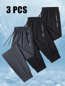 3-Pack Men’s light athletic ice silk casual pants, smooth fabric, gym-to-coffee after-workout casual style