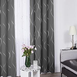 Deconovo Silver Wave Foil Print Blackout Curtains, Grommet Light Blocking Room Darkening Drapes, Thermal Window Curtains for Bedroom Living Room