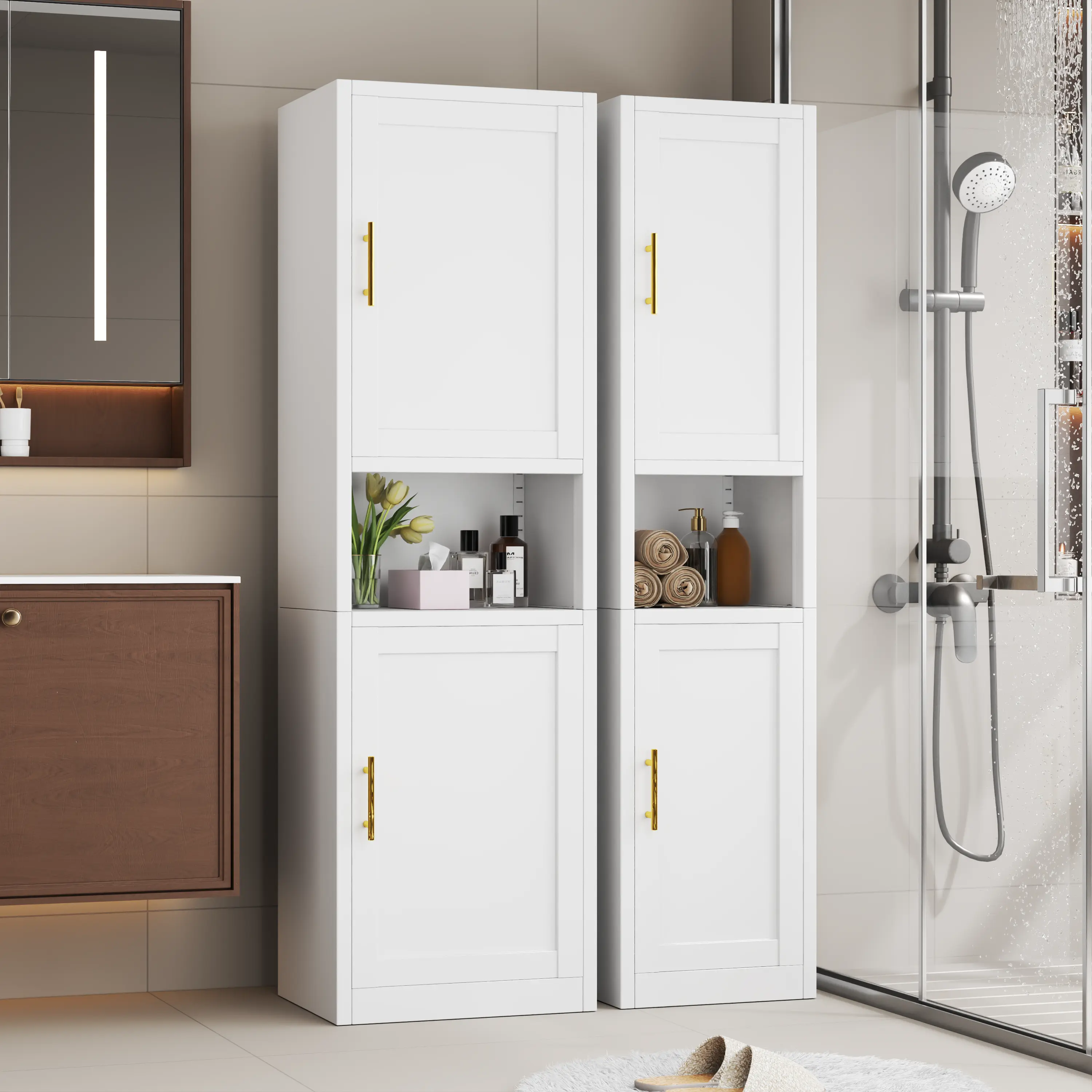 Sturdy Metal Tall Narrow Freestanding Floor Cabinet, Furniture with 2 Doors & Adjustable Shelves, 3 Sizes Pantry Cabinet Organization for Bathroom, Living Room