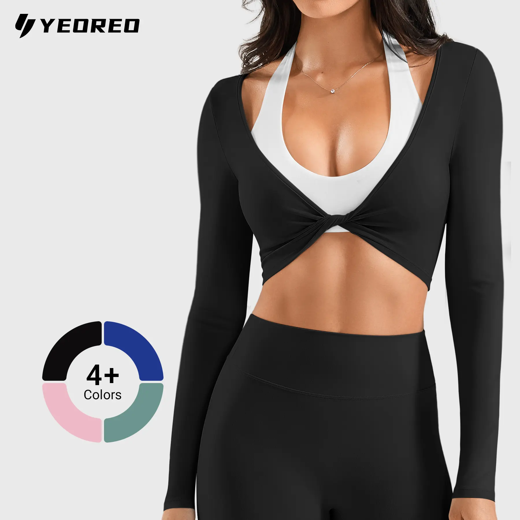 YEOREO Ease Cover Up Long Sleeve Twist Back Workout Top - Deep V Knot Yoga Crop, Gym Clothes, Activewear Athletic, Yoga Gym Shirts, Stretch Fitness Wear, Workout Yoga Tops
