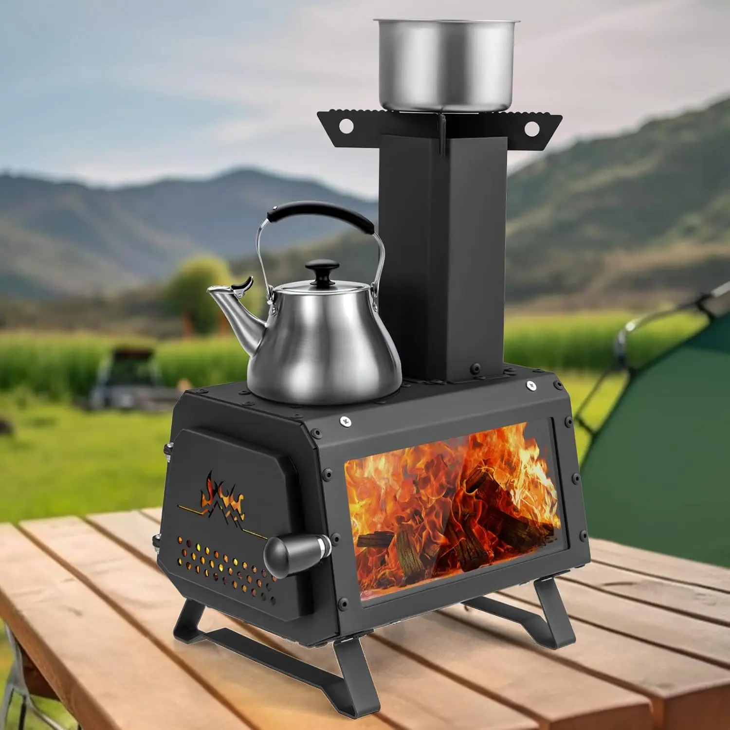 【Costway】-Portable Camping Wood Stove - Mini Wood Burning Stove w/ 2 Cooking Positions, Anti-scalding Door Handle & Heat Resistant Glass Window, Tabletop Fire Pit Stove for Outdoor Cooking & Heating