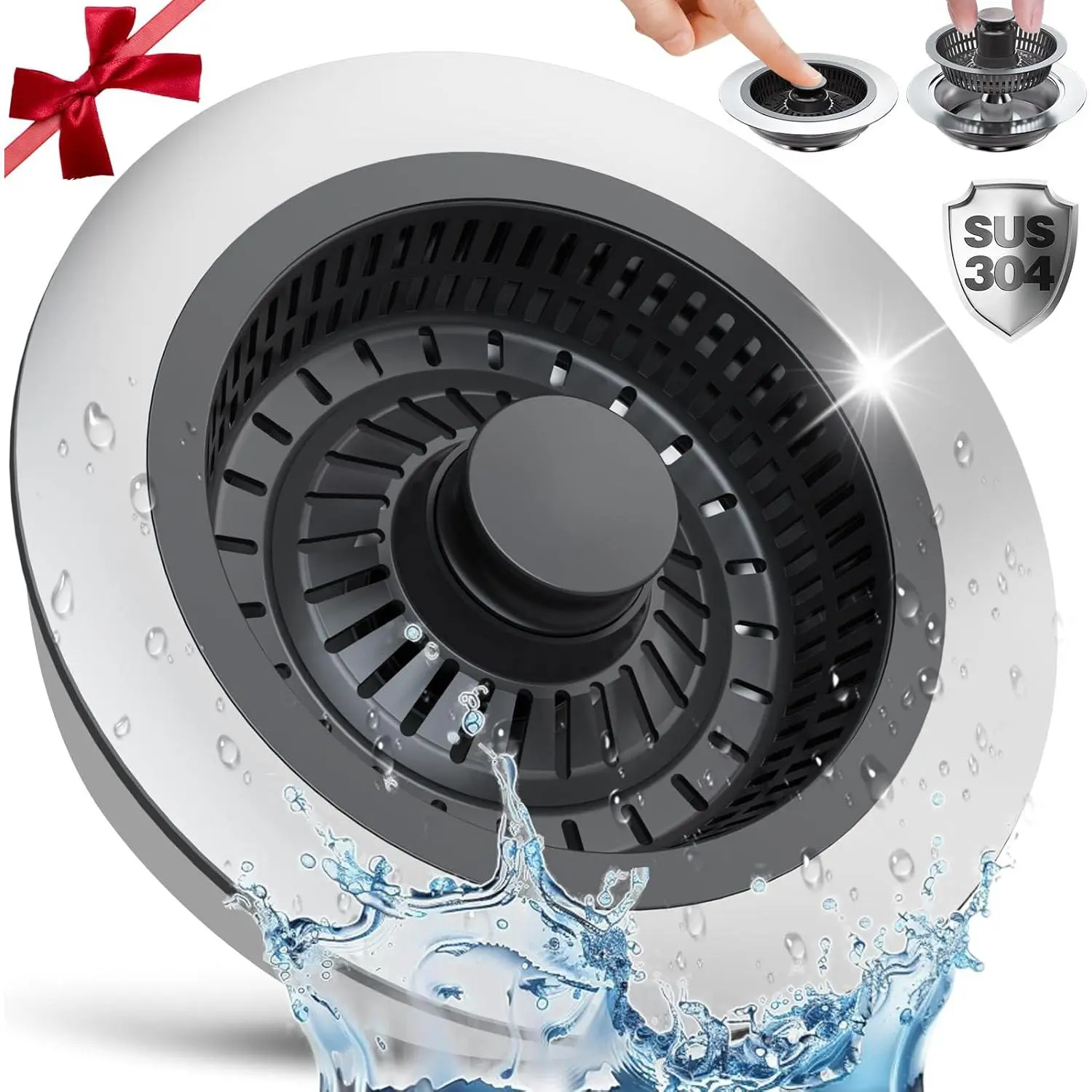 3-in-1 Stainless Steel Kitchen Sink Strainer & Stopper - ABS Anti-Clogging Odor Filter Plug, Bath Tub Drain Stoppers, Sink Bounce Core Strainer, Waterproof, Heat Resistant, US Std 3.5 in Fit, Home Essentials with Instruction Leaflet, Sink Bounce Core Drai