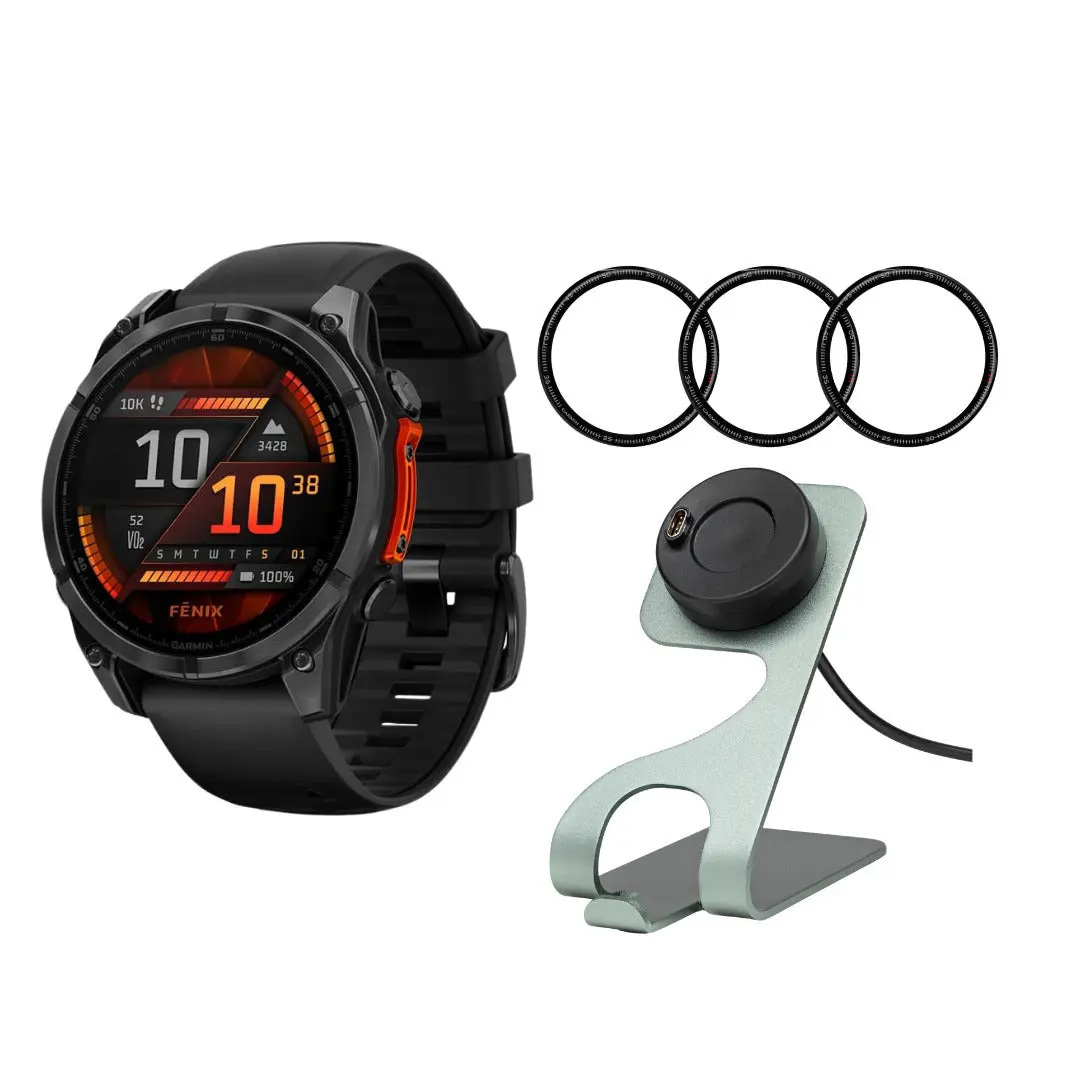 Garmin Fenix 8 51mm Smartwatch - 1.4-inch AMOLED Tempered Display, Aluminium Frame, Adjustable Features, GPS, Universal Charging Bundle with Adjustable Charging Station, Focus Camera Charger Stand, Microfiber Cloths, Dust Absorbers (Slate Gray and Black),