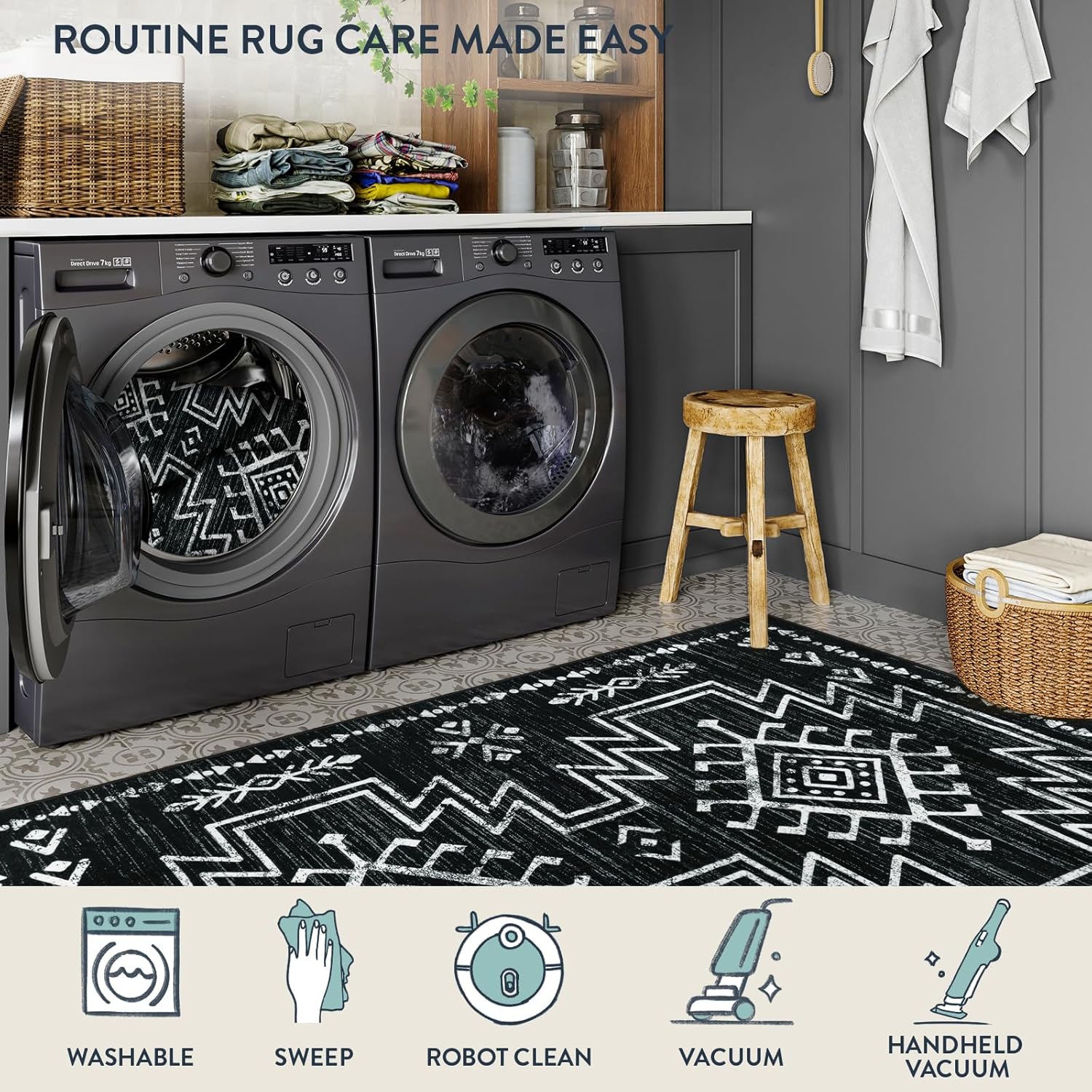 Lahome Boho Washable Soft Rug for Living Room, Bedroom,Moroccan Western Dining Room Rug for Under Table, Low Pile Distressed Aztec Rug for Home Decor