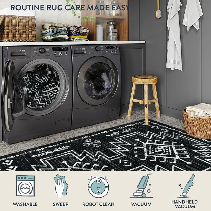 Lahome Boho Washable Soft Rug for Living Room, Bedroom,Moroccan Western Dining Room Rug for Under Table, Low Pile Distressed Aztec Rug for Home Decor