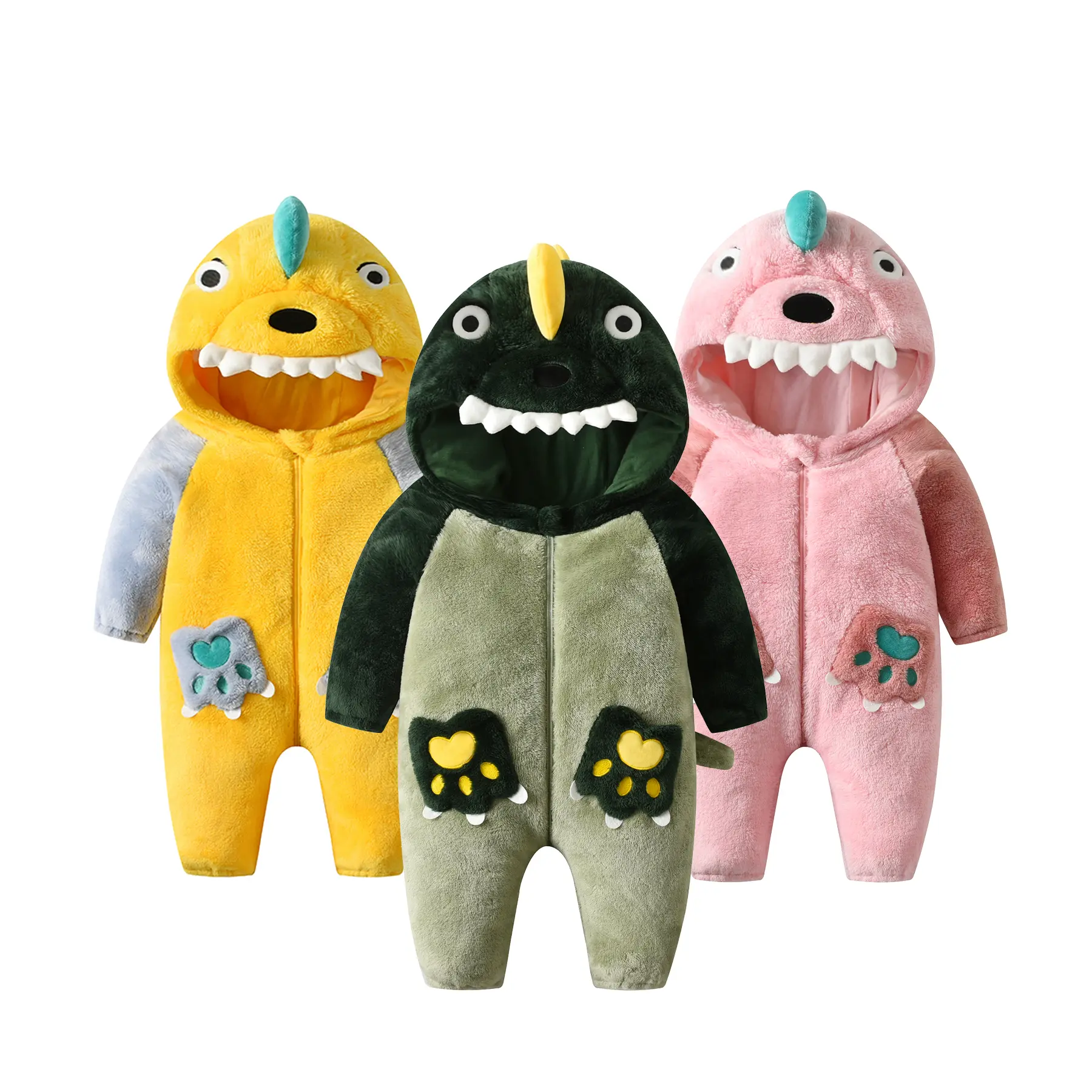 TONWHAR Pocket Dinosaur Kids Cartoon Hooded Romper, Unisex Baby 1-piece Homewear for Autumn, Toddler Casual Playwear, Kids Cosplay Partywear with 2-way Zipper
