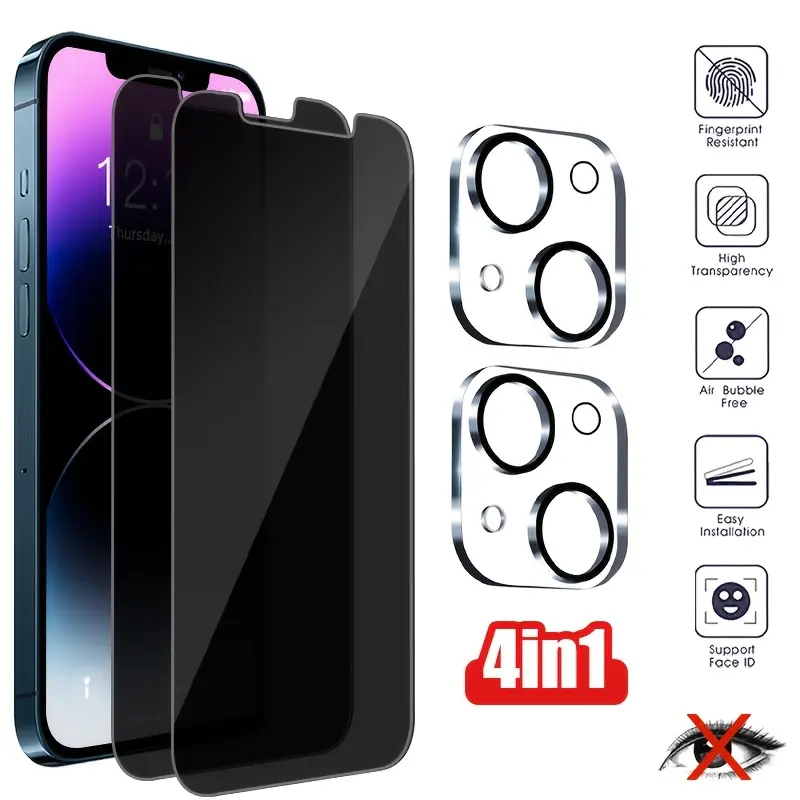 [2+2 Pack] iPhone 17/16/15/14/13/12/11 Privacy Screen & Camera Lens Accessories - 28° Anti-Peeping, 9H Scratch-Resistant Tempered Glass, 2.5D Curved Edges, 10-Second Bubble-Free Installation, Shockproof Privacy Gear, Shockproof Protector, Privacy Screen P
