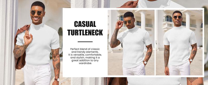 COOFANDY Men's Mock Turtleneck Sweater Short Sleeve Casual Basic Tops Ribbed Knit Pullover Solid Tee