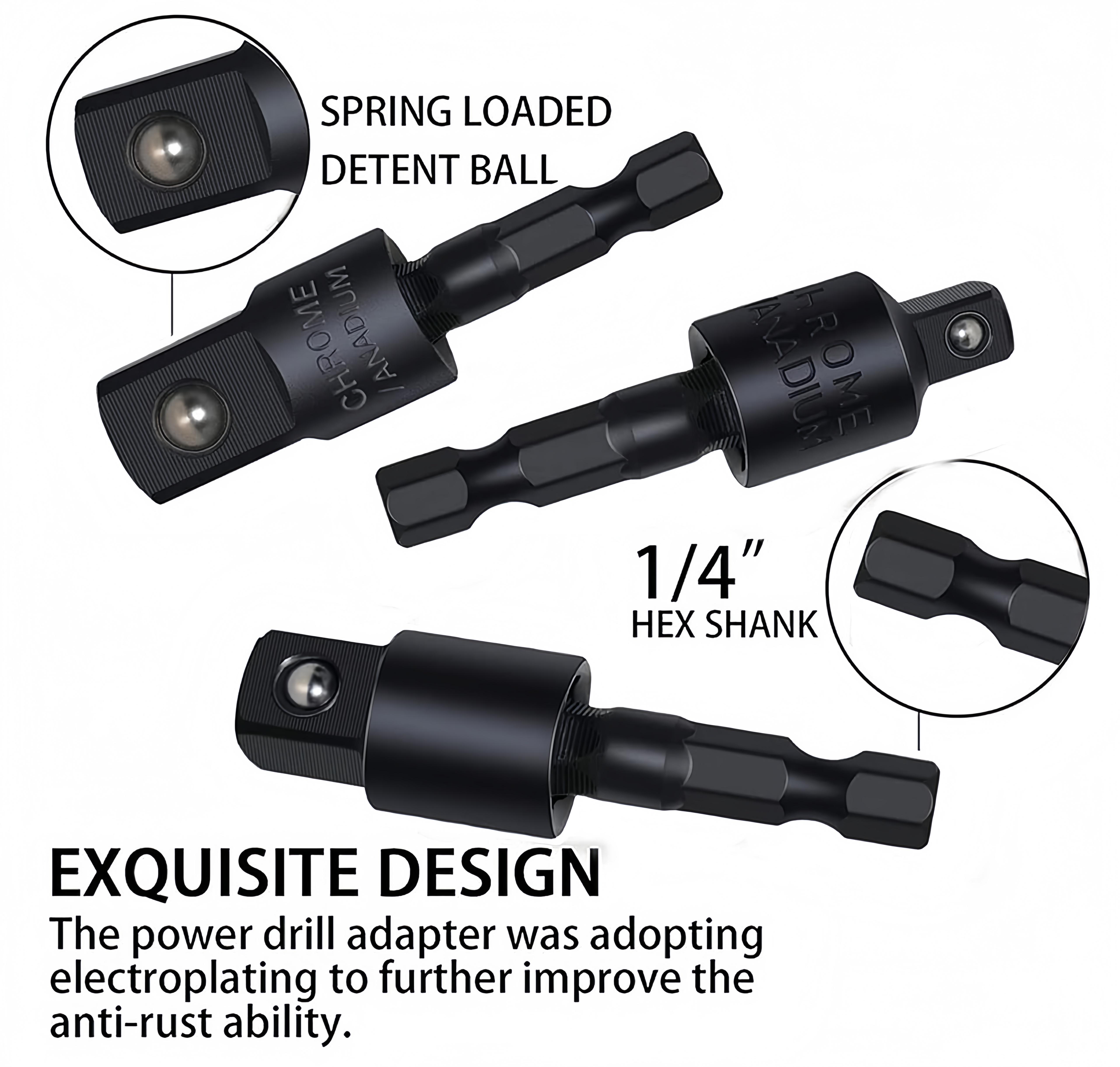 Right-Angle Drill Bit Accessory Set(6pcs), Including 3x 360° Rotatable 1/4", 3/8" & 1/2" Impact-Grade Socket Adapters, 2x 105° Hex Shank Angle Adapters & 90° Right-Angle Drill Bit, Heavy-Duty Tool Kit