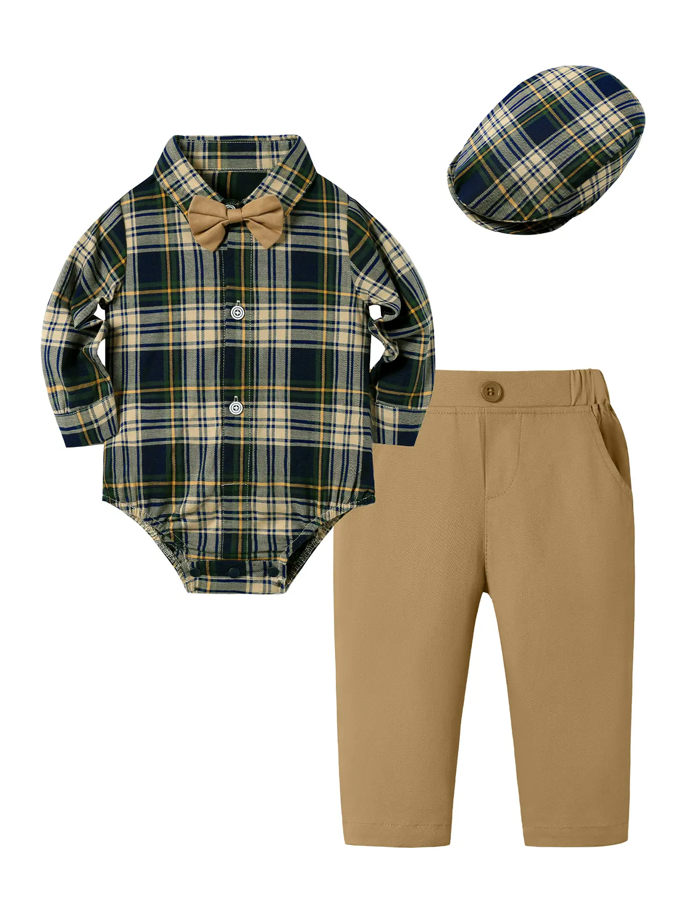 Gentleman Gift Set for Toddler Boys, 3-Piece Plaid Cotton Suit with Bow Tie and Beret for Baptism or Parties, Clothing, Gift Sets, Birthday Set