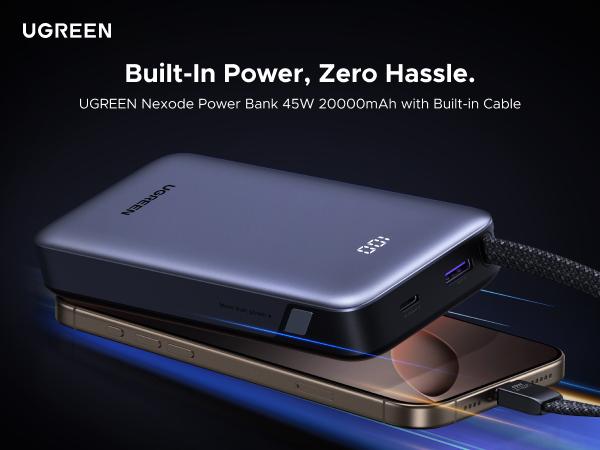 UGREEN Nexode Power Bank 20000mAh 45W with Built-in Cable, Fast Charging Portable Charger for iPhone 17 Pro/Samsung S25 Ultra/iPad Pro, 3-Port External Battery Pack with Digital Display, Travel Ready