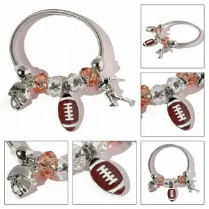 American Football Themed Bracelet with Helmet, Player & Ball Charms, Crystal Beads Chain Bracelet, Sports Jewelry Gift for Football Fans & Athletes