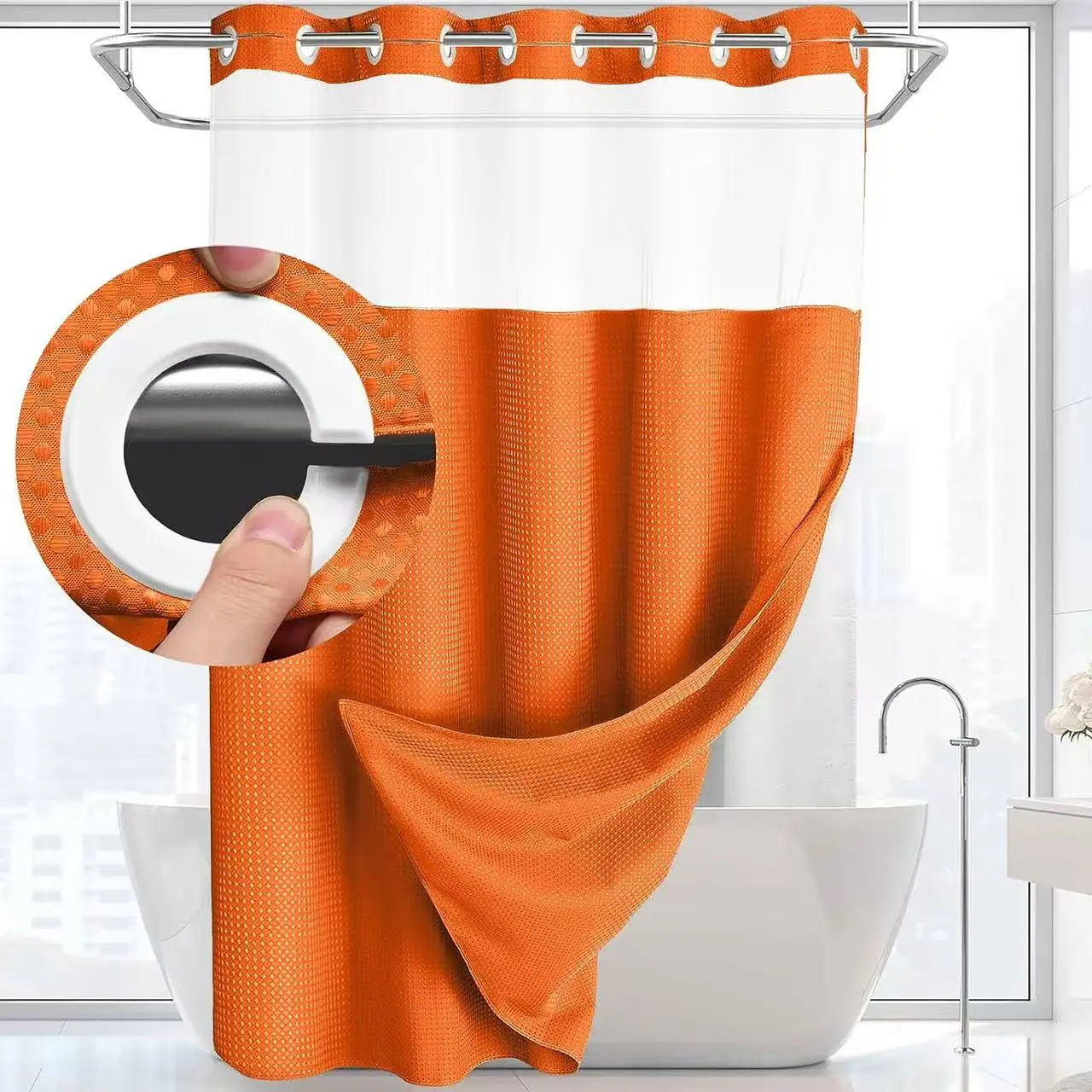 Modern Shower Curtain - No-Hook Double-Layer Solid Color Sheer Waterproof Polyester Bath Curtain with Detachable Design, Ideal for Hotel Bathroom Partition, Shower Curtain No Hooks