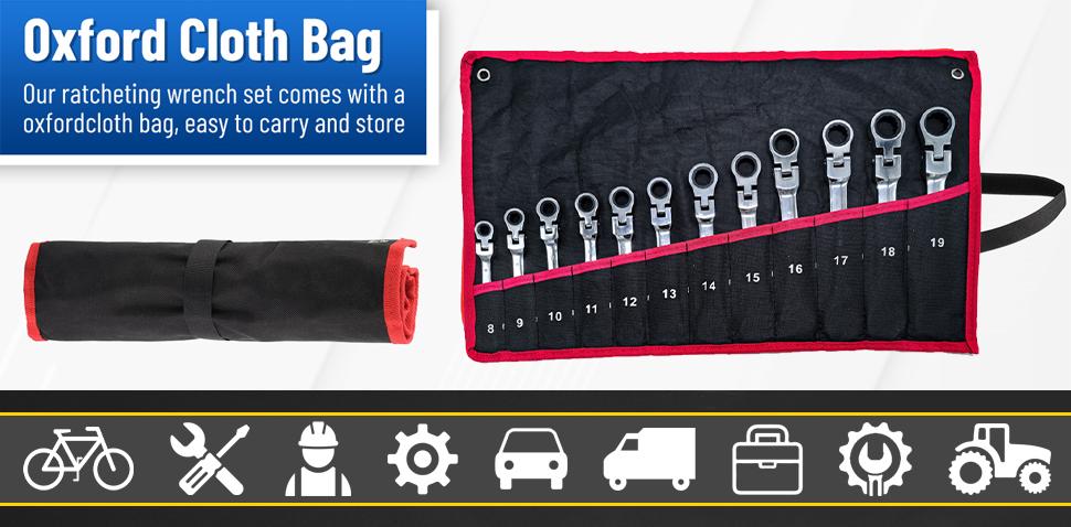 Ratcheting Wrench Set Flex Head, 12 Piece Metric Combination Ratchet Wrench kit, 8mm - 19mm Chrome Vanadium Steel Wrenches,Gift