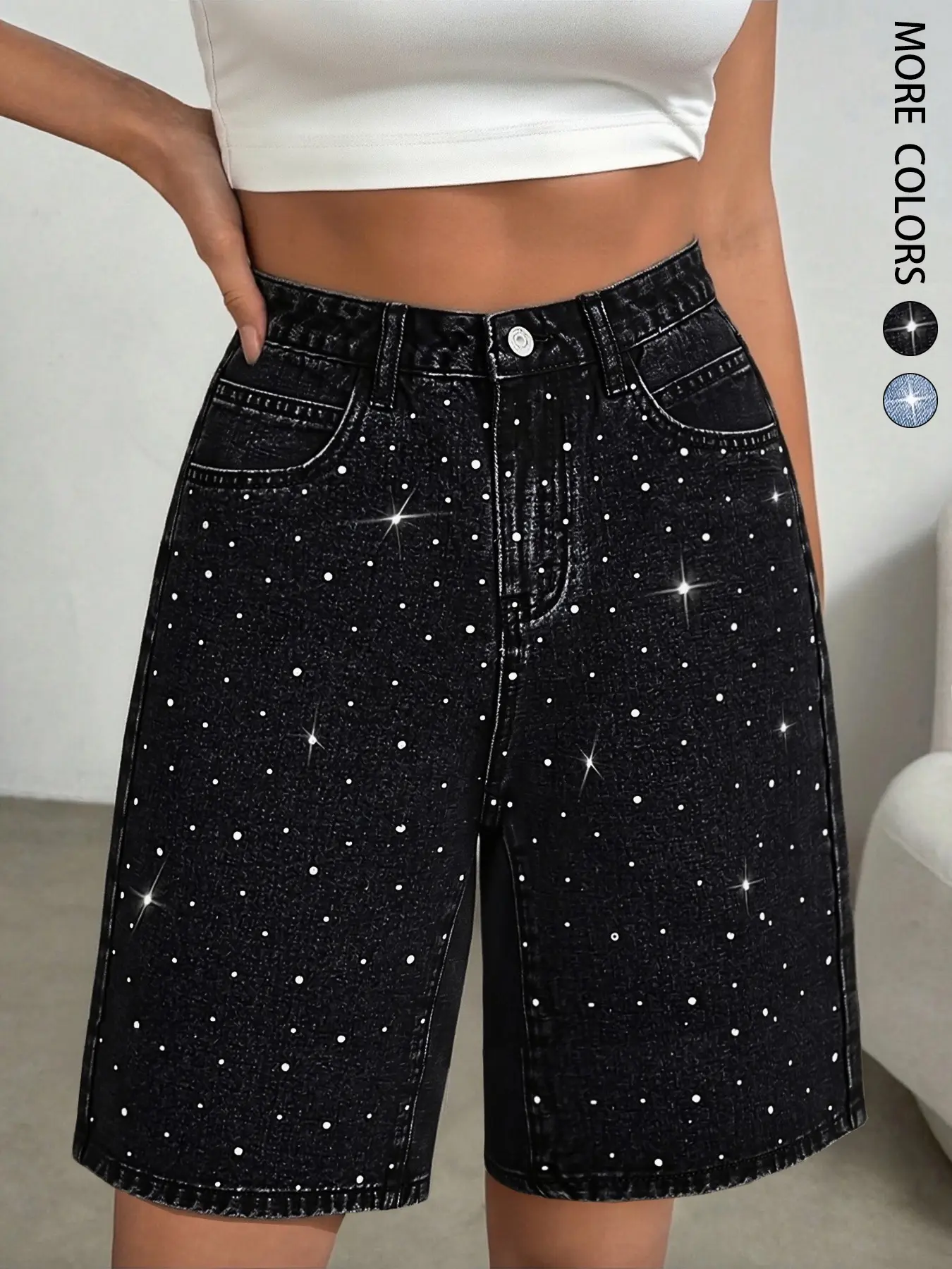 Women's Casual Rhinestone Embellished JWashed Straight Leg Loose Denim Summer Shorts, Denim Jean Shorts, Casual Jorts, Trendy Fashionable Denim Bottoms, Perfect for Daily Wear, Comfortable & Stylish
