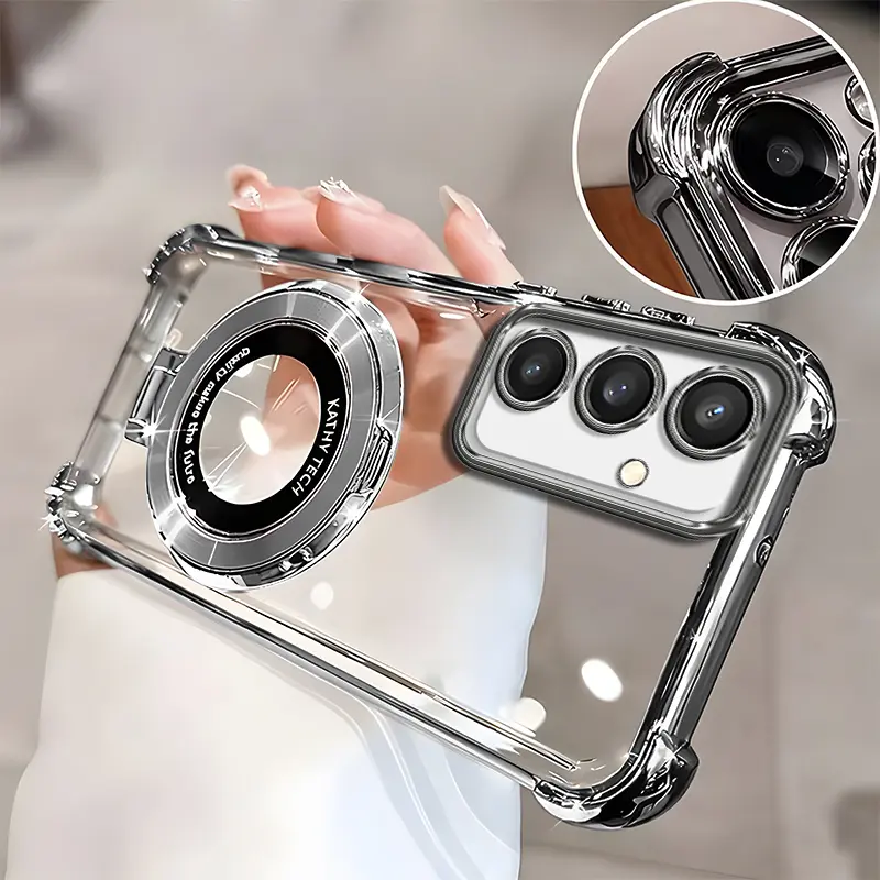 Suitable for [Galaxy S24 Plus] high-end phone case🥰, Electroplated Luxury Clear Phone Case with Ring Stand Holder 4-Corner Shockproof Camera Protective Cover 952