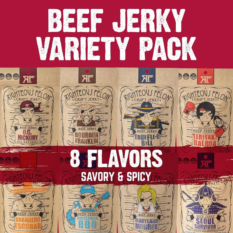 Righteous Felon Beef Jerky & Meat Sticks Variety Pack | Gluten Free Snack Packs for Adults | High Protein, Keto, Low Sugar | Made with Premium Meats | Valentines Day Gifts for Men | 11 Pack Sampler