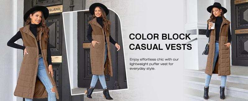 TANKANEO Women's Long Puffer Vest Fleece Jacket Winter Button Down Sleeveless Coats