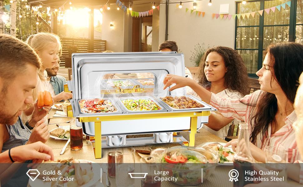 ROVSUN Gold Chafing Dishes for Buffet, 9QT Chafing Dish Buffet Set with Glass Lid, Stainless Steel Buffet Servers and Warmers with Folding Frame & 3 1/3 Size Pan for Parties Weddings Catering Events