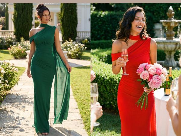 Curvysweet Women's One Shoulder Formal Evening Gown Built-in Bra Ribbon Elegant Bodycon Mesh Ruched Wedding Guest Maxi Dress