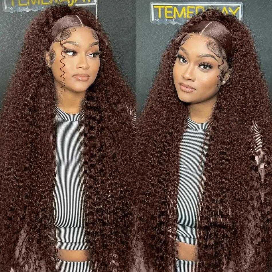 180% Density 30  32Inch Chocolate Brown Deep Wave Human Hair Wig Transparent 13x6 Lace Frontal Wigs For Women 13x4 Lace Front Water Curly Wigs