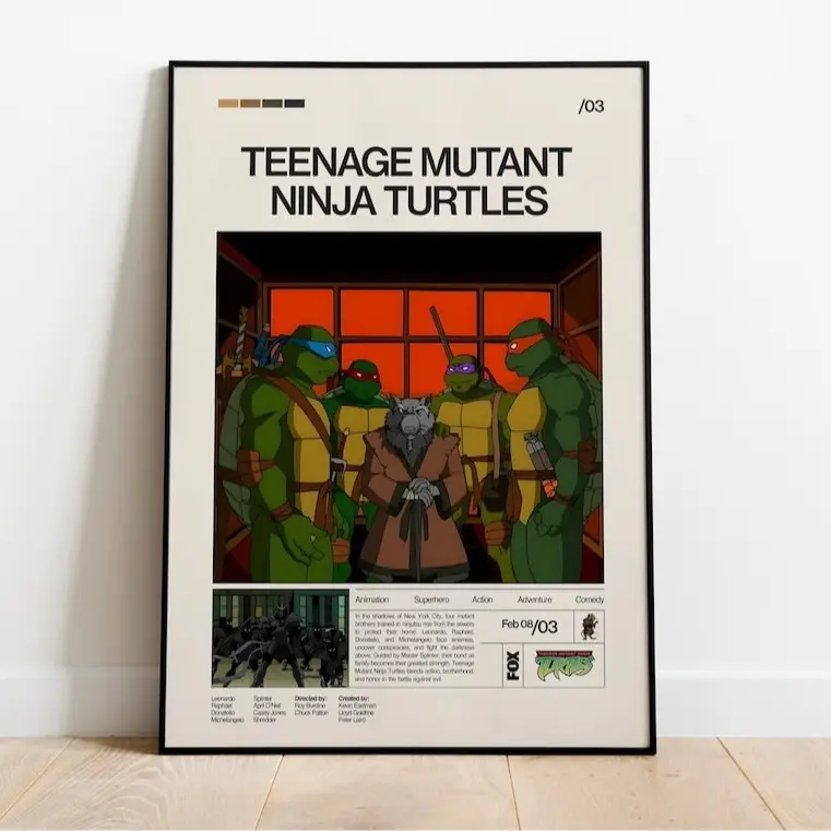 Retro Ninja Turtle Heroes Cartoon Poster, Classic Animated Style Wall Art Print, Colorful Kids Room Decor