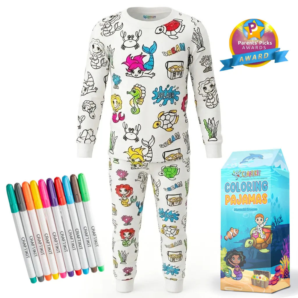 Craftikit Kids' Bamboo Coloring Pajama Set - Child-Sized Pajama Sets, Toddler Sleepwear with 10 Markers for DIY Gift, Cartoon Print, Soft Breathable (Ages 3-10), Cartoon Print Pajama