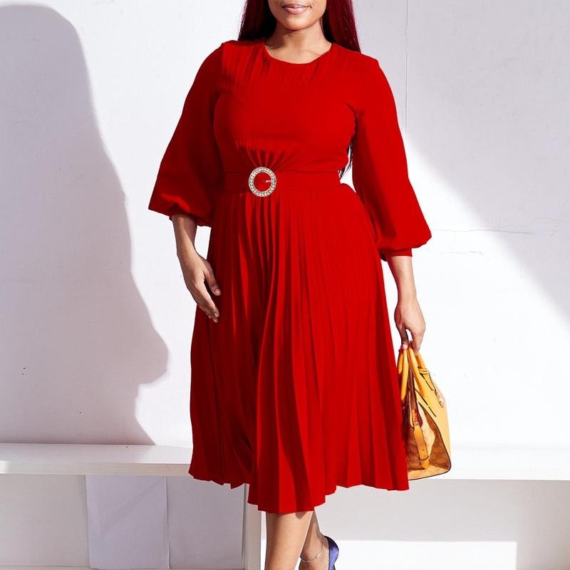 Women’s Pleated Midi Dress with 3/4 Puff Sleeves, Round Neck and Ring-Buckle Belted Waist, A-Line Silhouette with Back Keyhole — Elegant Choice for Work, Church & Wedding Guests