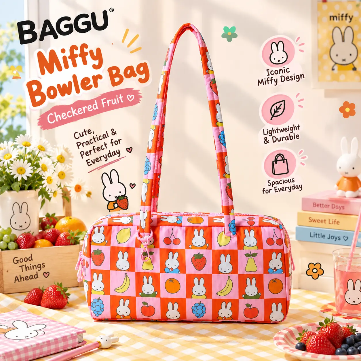 BAGGU Miffy Bowler Bag Checkered Fruit Iconic Miffy Design Lightweight Durable Spacious for Everyday Use