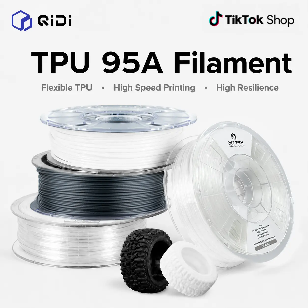 QIDI TPU 95A High Flow Filament 1.75mm，TPU95A-HF Flexible 3D Printer Filament Fit Most FDM 3D Printers，High Resilience，Suitable for High Speed Printing, 1kg Spool