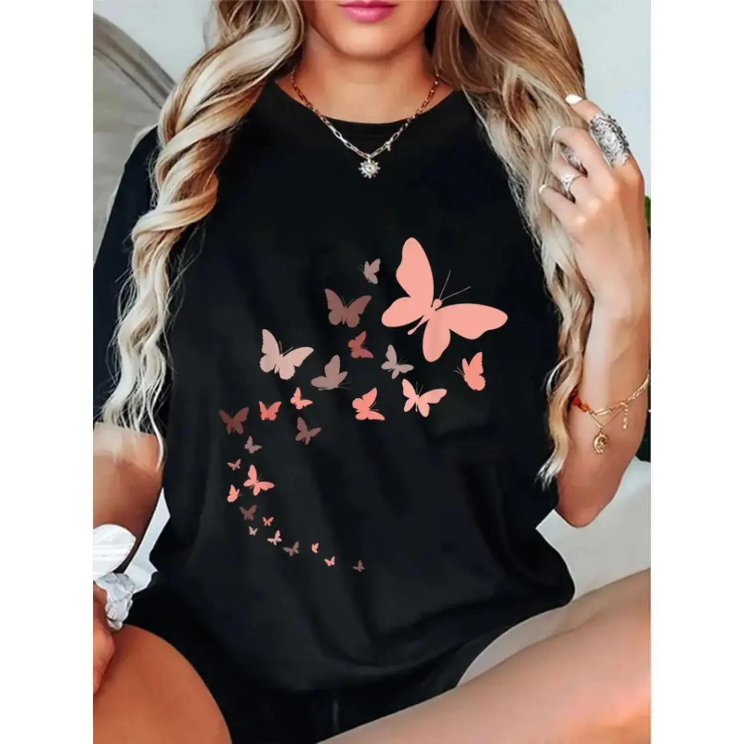 Men's Round Neck Short-Sleeve Cotton T-Shirt, Unisex Vintage Butterfly Flock Top for Casual Wear