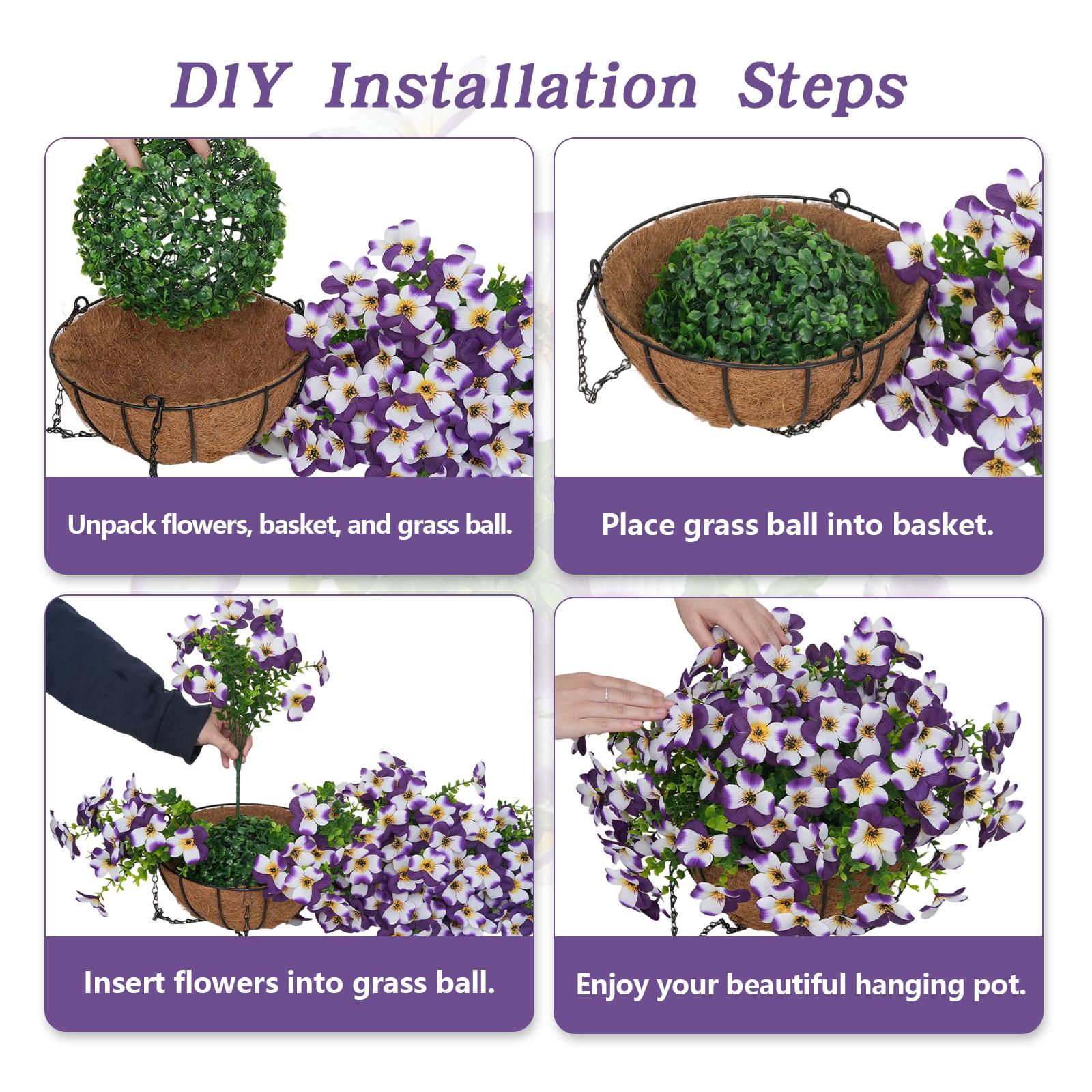 2 Pcs Artificial pansy hanging plant basket, perfect for summer outdoor decoration, made of realistic silk material, UV-resistant, featuring vibrant daisies and eucalyptus leaves, suitable for porches, homes, patios, balconies, and gardens.