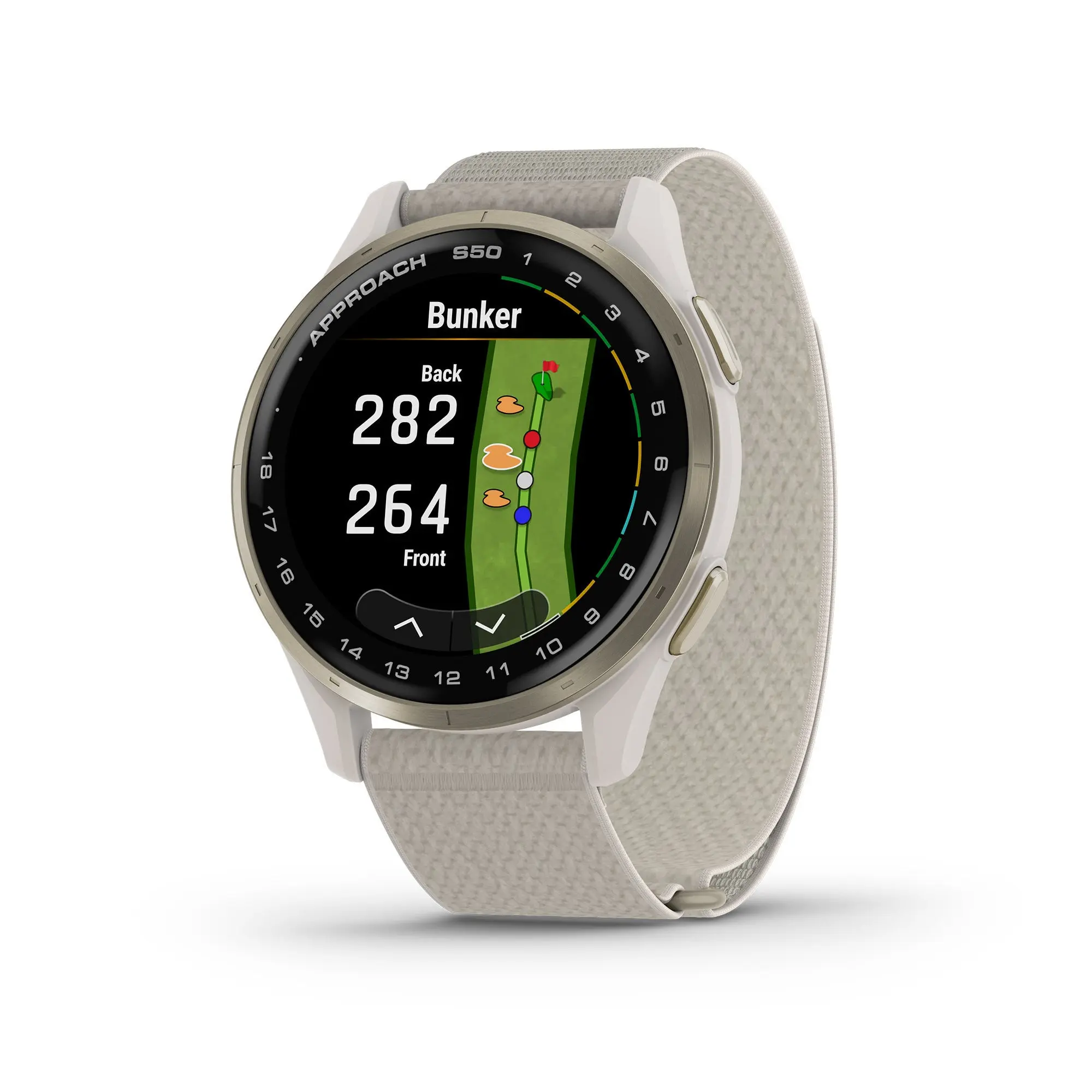 Garmin Approach S50 GPS Golf Smartwatch - AMOLED Touchscreen Wearable Device with GPS Tracking, Activity Monitoring, Calorie Tracker, Cream Gold Aluminum Bezel, Ivory ComfortFit Nylon Band, Devices, Gym
