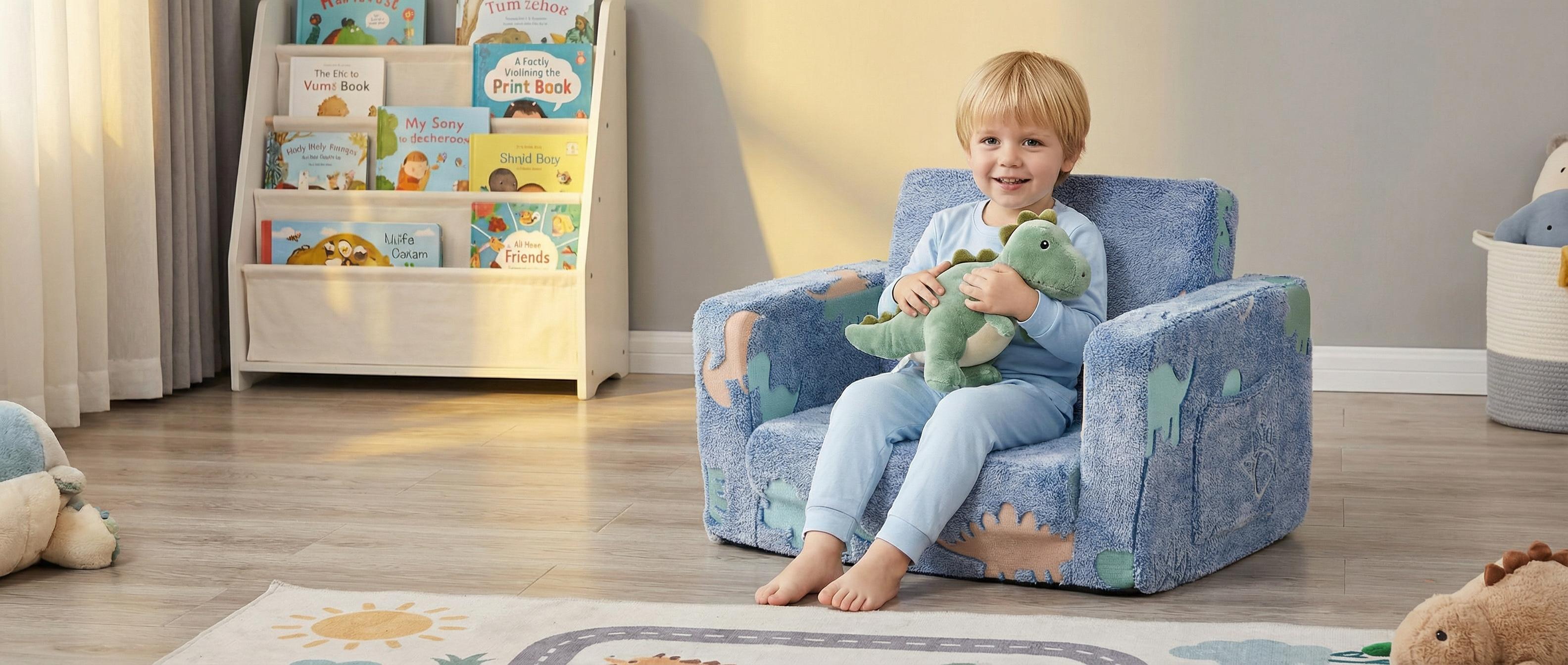 Children's sofa folding chair, blue dinosaur pattern, easy to assemble and clean, suitable for living room, bedroom, children's room, courtyard, turning sofa into bed, suitable for girls and boys' Christmas and birthday gifts, [Restore shape after vacuum