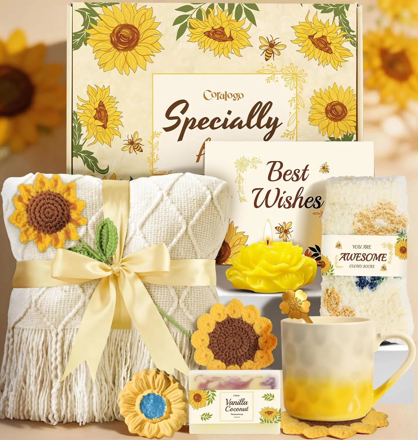 Coralogo Female 10PC Sunflower Themed Gift Box Set - Adult Aromatherapy Ceramic Scented Candle, Knit Blanket, Greeting Card, Mug, Decoration for Mom's Birthday, All Seasons Home Supplies Pampering Kit, Soft