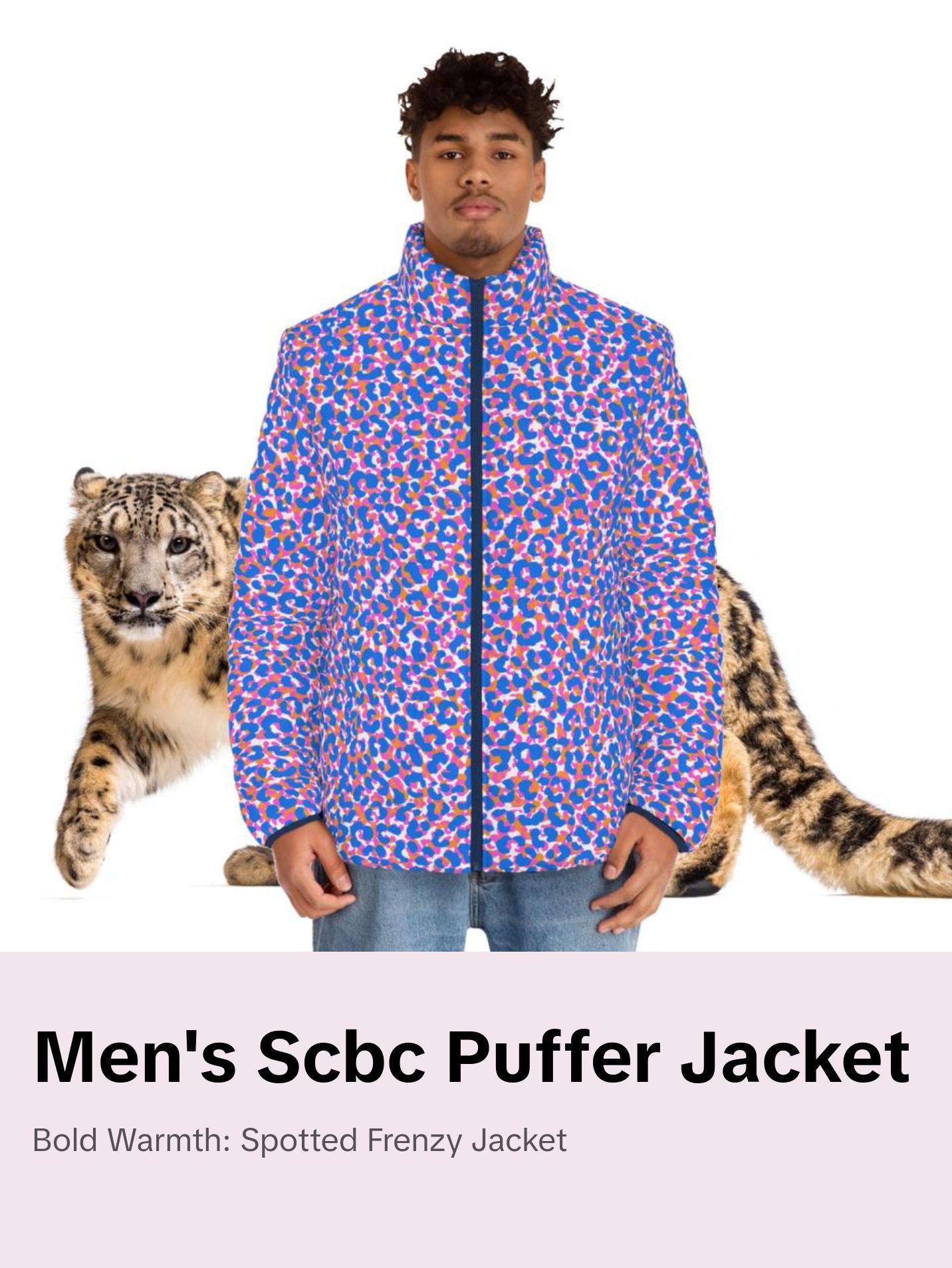 Men's SCBC " Spotted Frenzy" Puffer Jacket (AOP). Puffer Jacket, Spring, Mens Clothes, Warm Jacket, Lightweight, Deer, Graphic Design. Collar Menswear