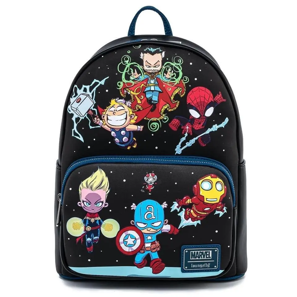 Skottie Young Chibi Art Mini Backpack for Marvel Fans, Faux Leather with All-Over Avengers Group Print, Avengers Art, Chibi Print