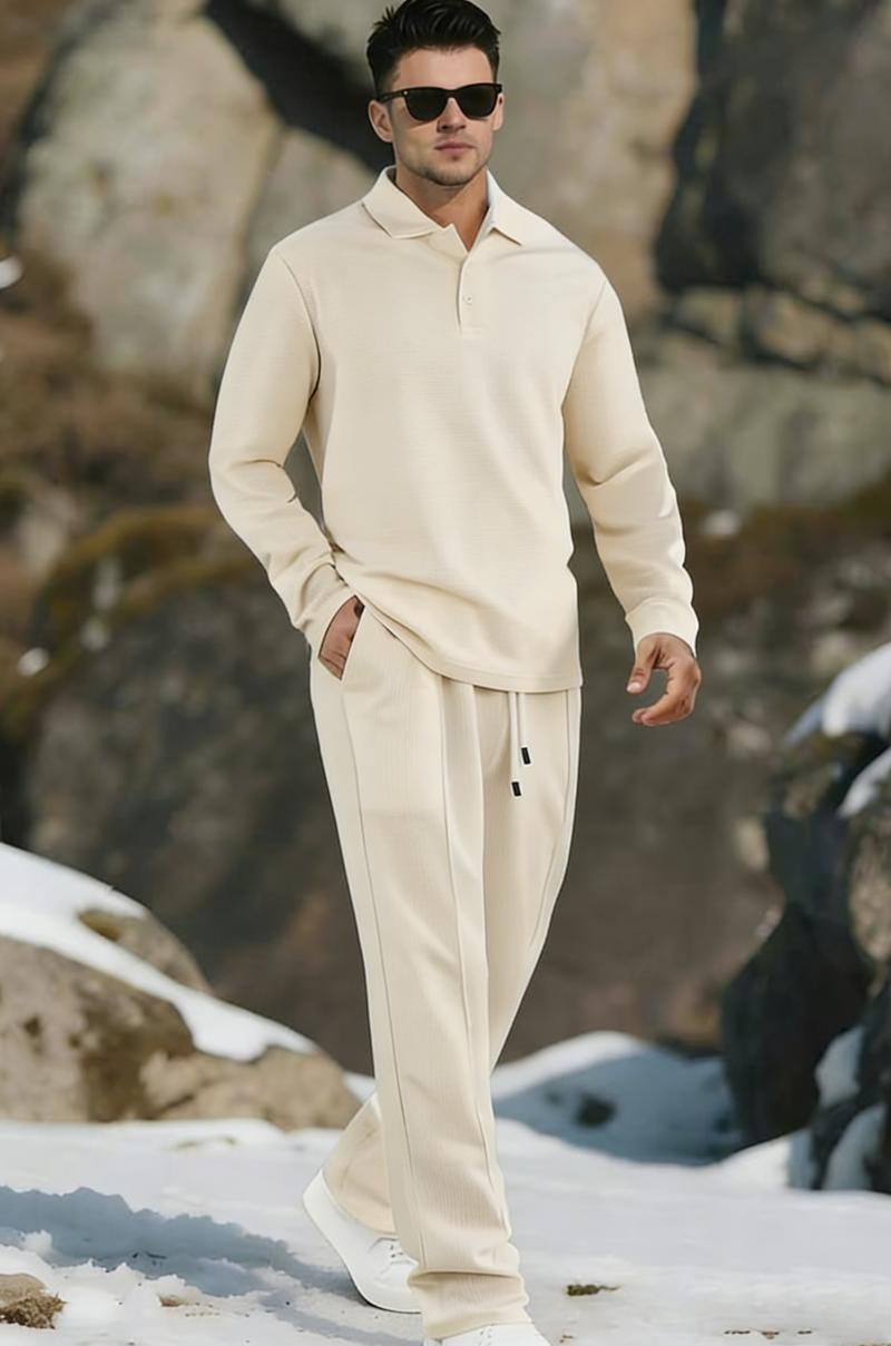 Men's Solid Color Linen Sports Set | Warm and Comfortable Button Top+Elastic Waist Pants Set, Suitable for Winter Casual Style