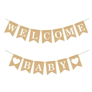 Pre-Strung Welcome Baby Banner, Rustic Gender-Neutral Baby Shower Wall Decor & Backdrop