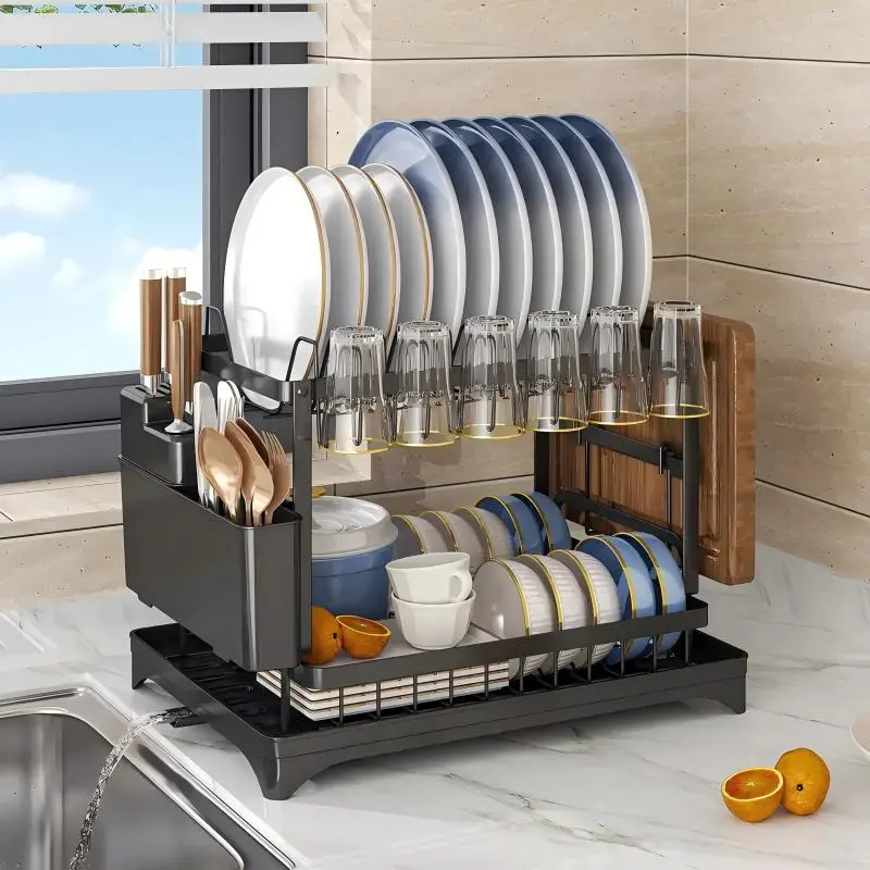 2 Tier Dish Drying Rack Stainless Steel Drainboard Iron Dish Drainers Kitchen Counter Sink Adjustable Spout Utensil Holder Knife Slots Rustproof Board Durable easy to install  perfect size Great value sturdy classy Organiser Mother's day  gift ideas summe