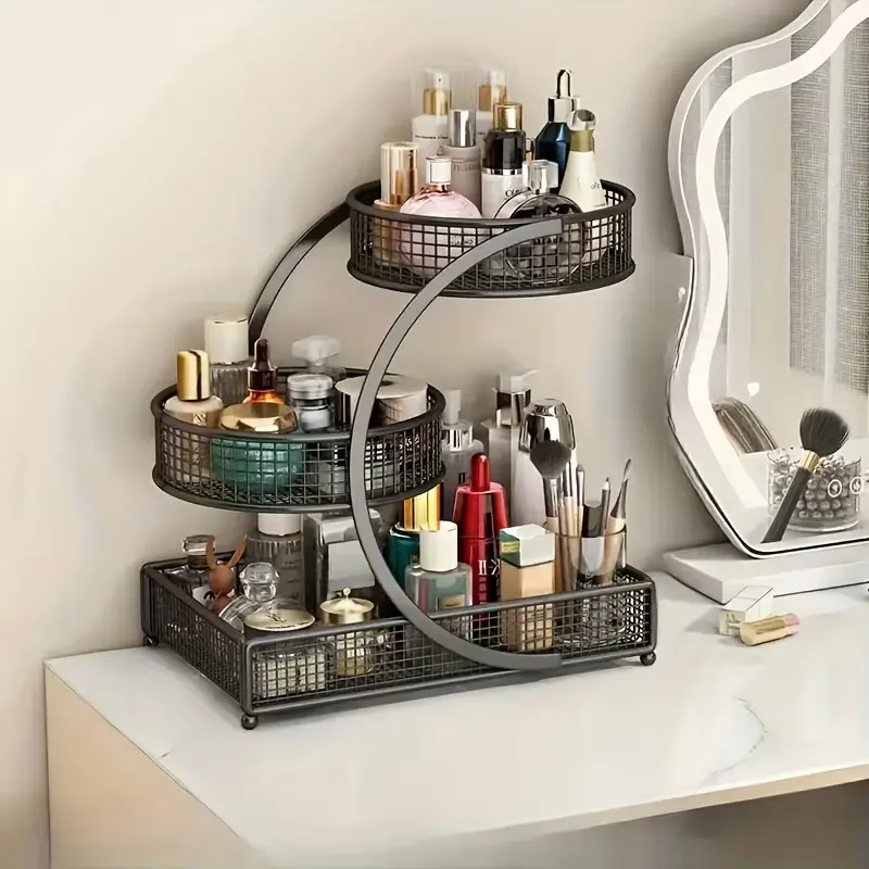 3-Tier Varnished Bronze Mesh Basket Home Organizer - No-Assembly Spiral Metal Vanity Makeup Box, Compact Vertical Space Saver Bronze Shelf Style Countertop/Bathroom Storage for Beauty Items, Home Organizers