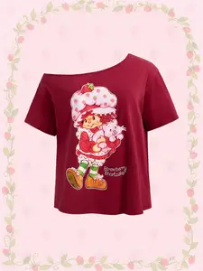 Strawberry Shortcake Women's Plus Size Casual T-Shirt, Spring-Summer Asymmetric Shoulder Short Sleeve with Cartoon Figure Graphic
