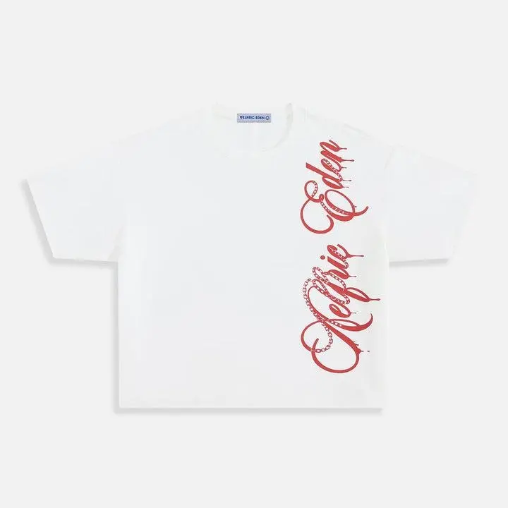 Aelfric Eden Red Gothic Script Boxy Tee Vertical Side Script Print Detail Y2K Vintage Streetwear Unisex Top