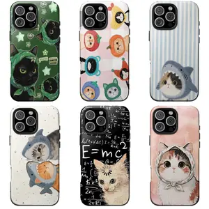 Aesthetic Cute Cat Phone Case Bundle, Funny Shark Cat & Babushka Kitty Art, Smart Math Cat Graphic, Kawaii Fruit Hat Cats Design, Gift for Cat Lovers