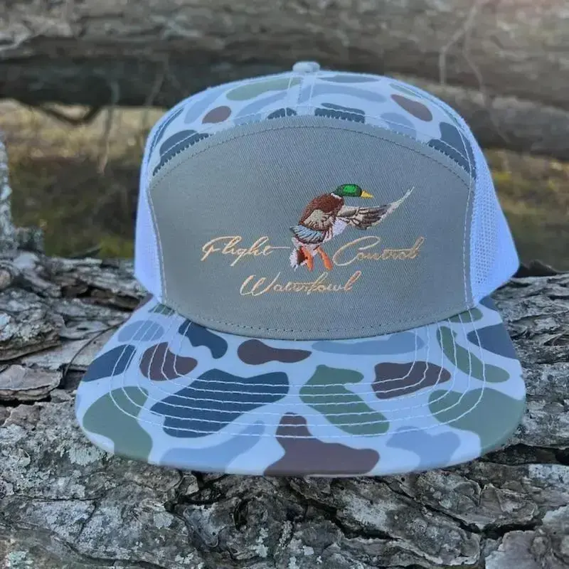 Flight Control Waterfowl Hat – Bottomland Camo Duck Hunting Snapback Trucker Cap for Men & Women, 7 Panel Flatbill Rope Mesh Cap Built for Outdoor Waterfowl Hunting, Comfort & Performance