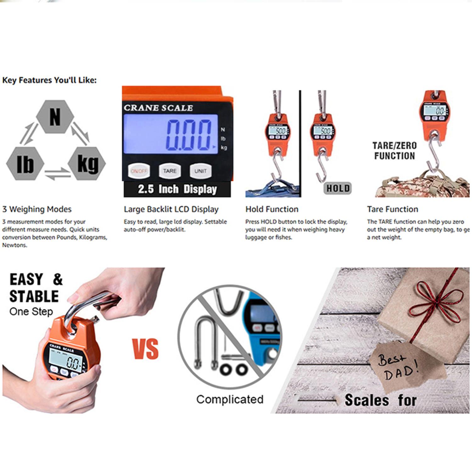 660LB/300KG Heavy Duty Digital Crane Scale - Industrial Compact LCD Metal Hanging Scale with Aluminum Body & Stainless Steel Hook for Garage, Farm, Hunting, Fishing & More (Orange) detail 2