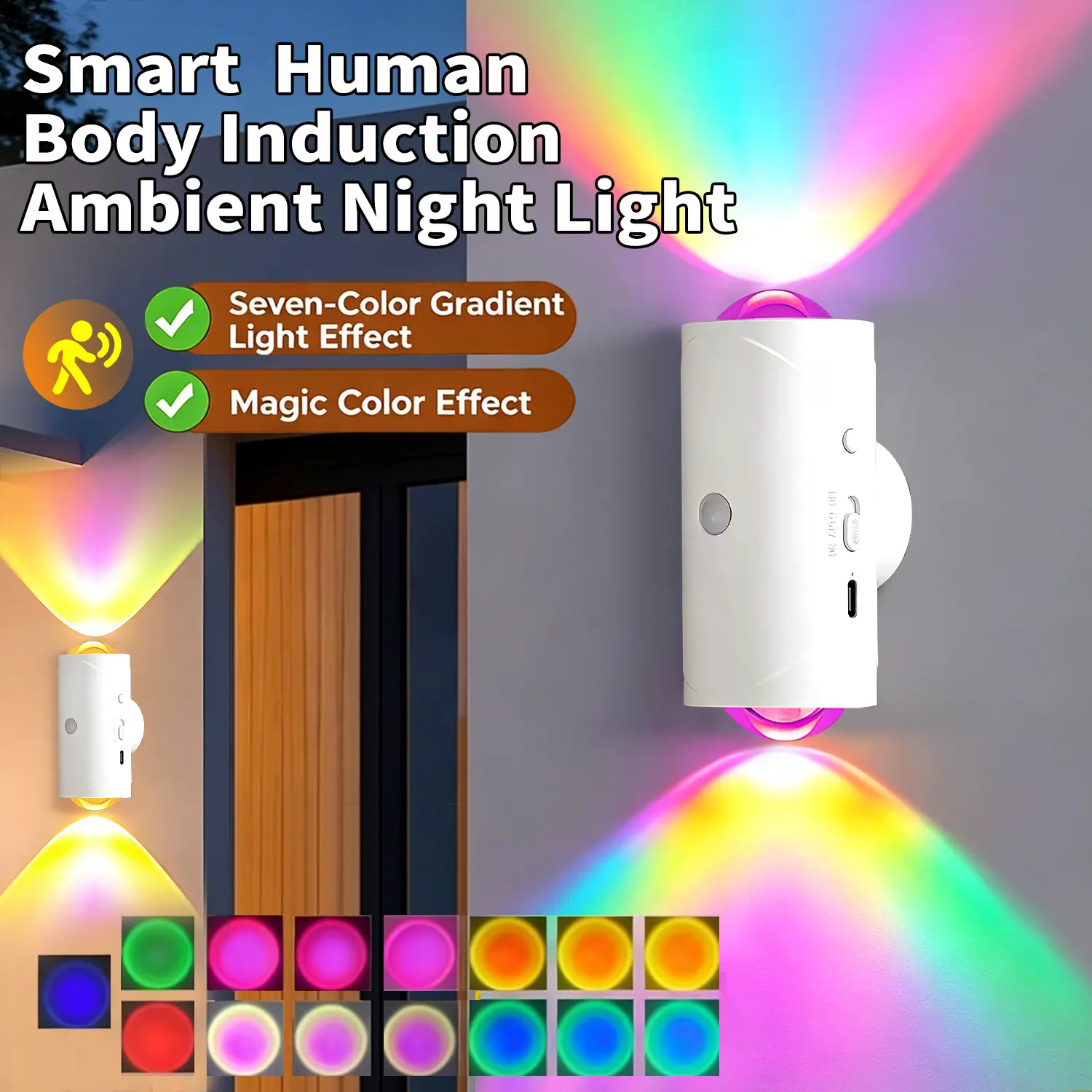 Smart Rechargeable LED Motion Sensor Night Light - RGB Gradient Ambient Dimmable Wall Lamp, Magnetic Stick-On Design, USB Charging, Long-Lasting Battery, Cool Gadgets for Home, Aesthetic Room & House Decor, Halloween, Bedroom