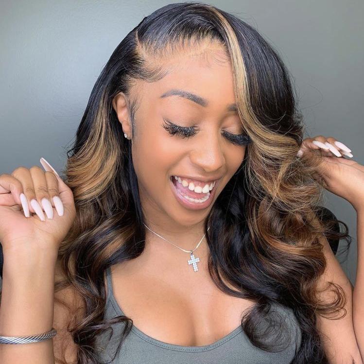 KEPHARE Wear and Go Glueless Wigs 100% Human Hair Body Wave With Honey Blonde Highlights 5x5 HD Lace Pre Plucked Pre Cut Lace Closure Wigs for Black Women 180% Density Natural Black With Skunk Stripe KEPHARE HAIR